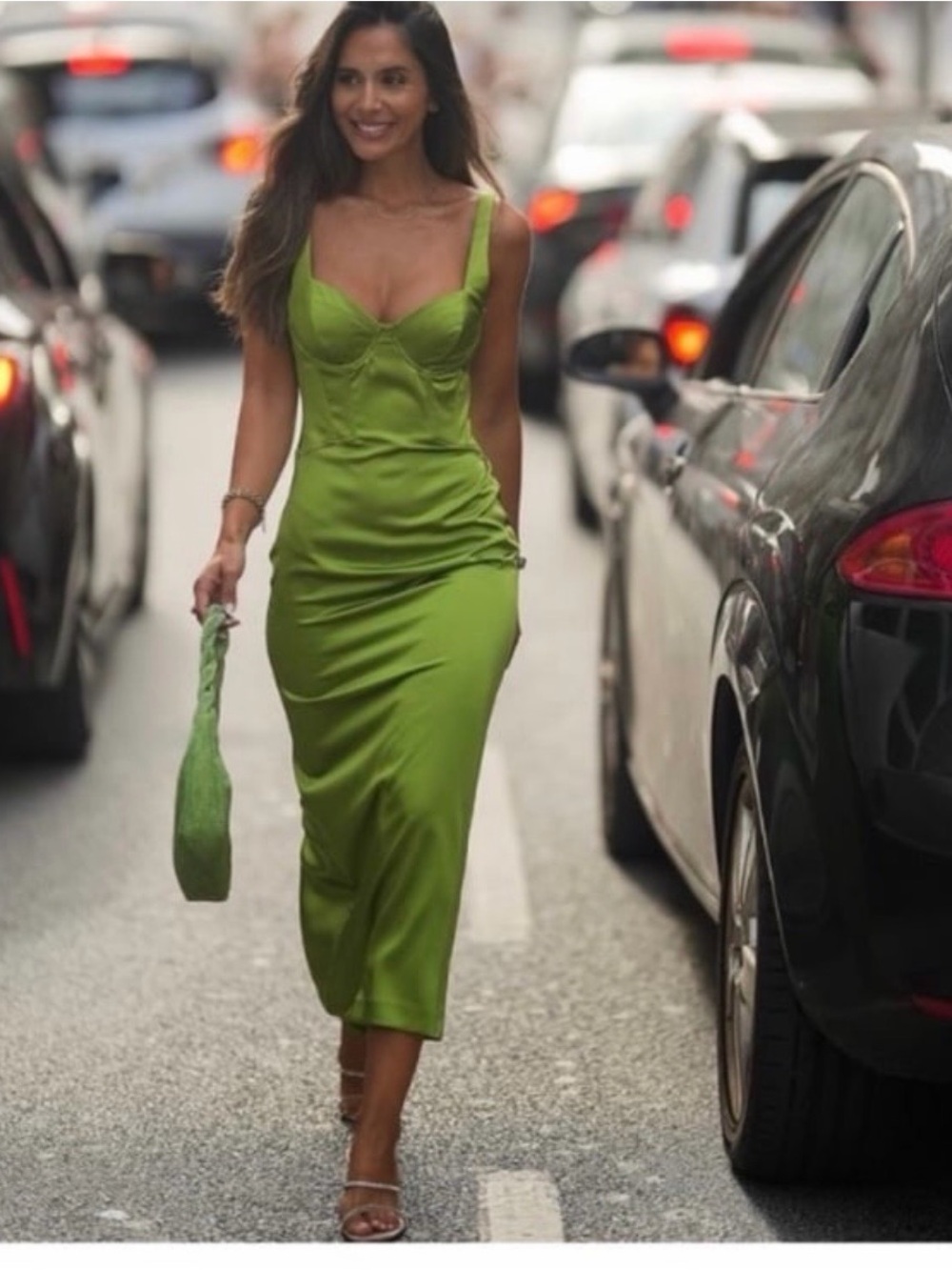 ZARA Lime Green Satin Effect Corset Midi Dress Sleeveless Sz XL